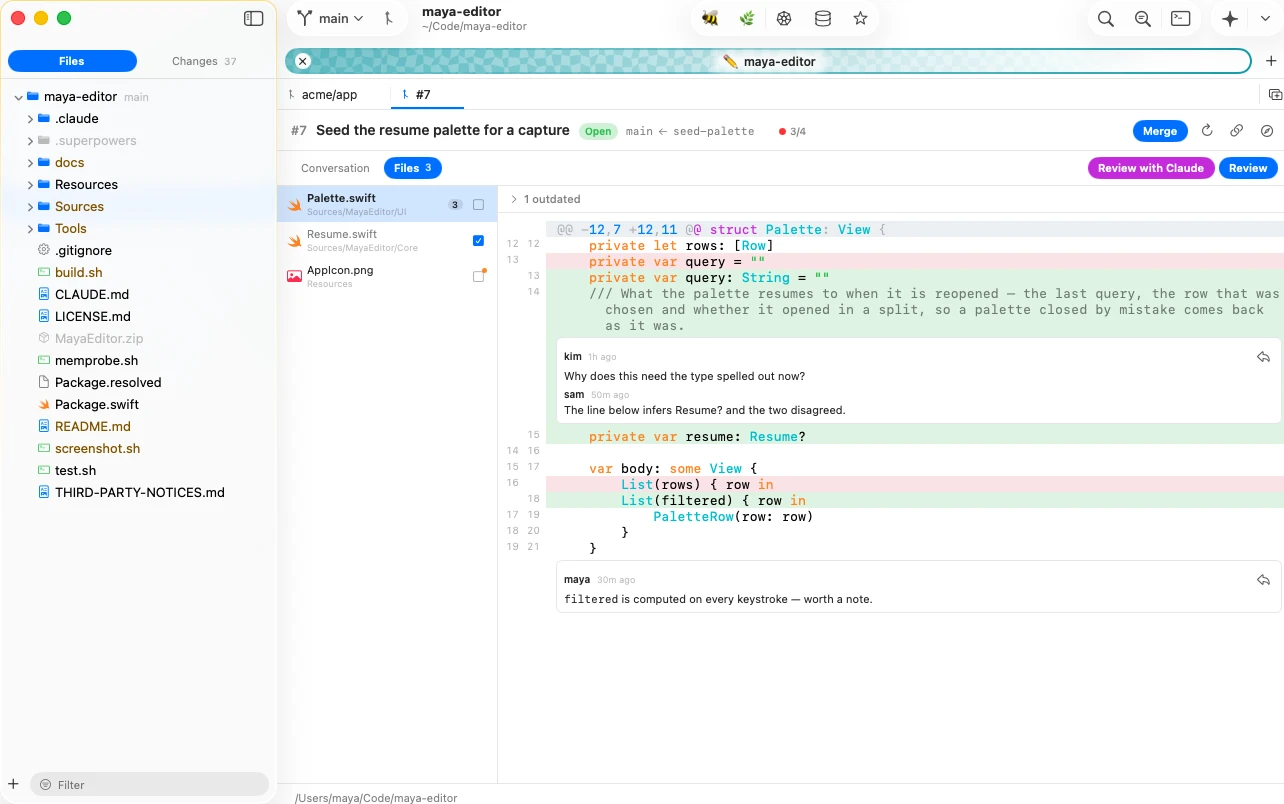 A pull request tab: a file's diff with a line comment being written and the Review bar showing the draft count