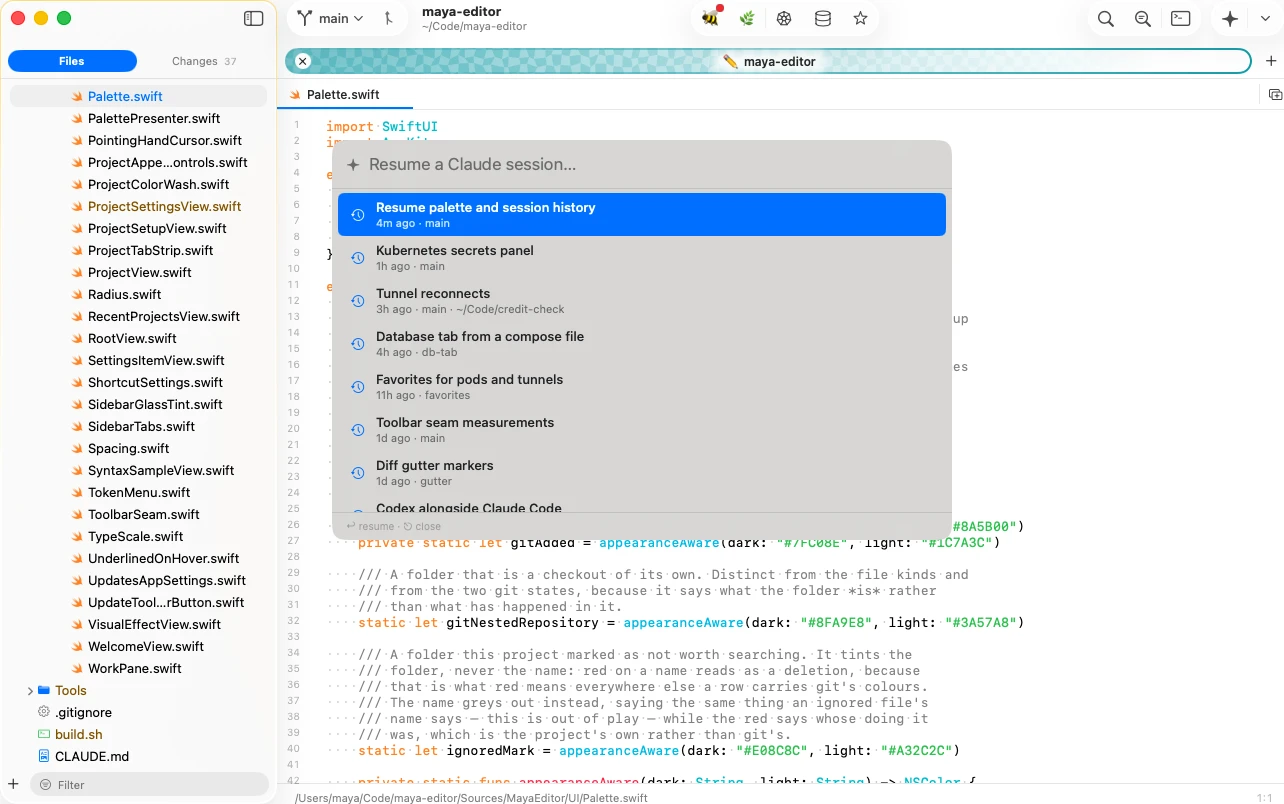 The Resume Claude Session palette listing the project's recent sessions, with search